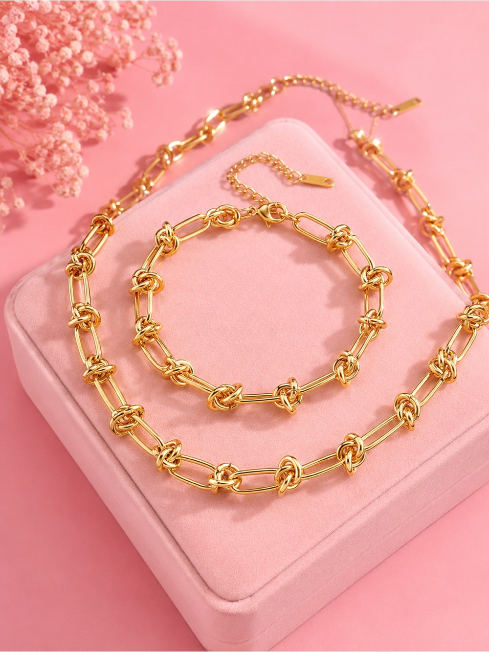 Graduated Link 18K Gold Stainless Steel Knot Necklace&Bracelet Set